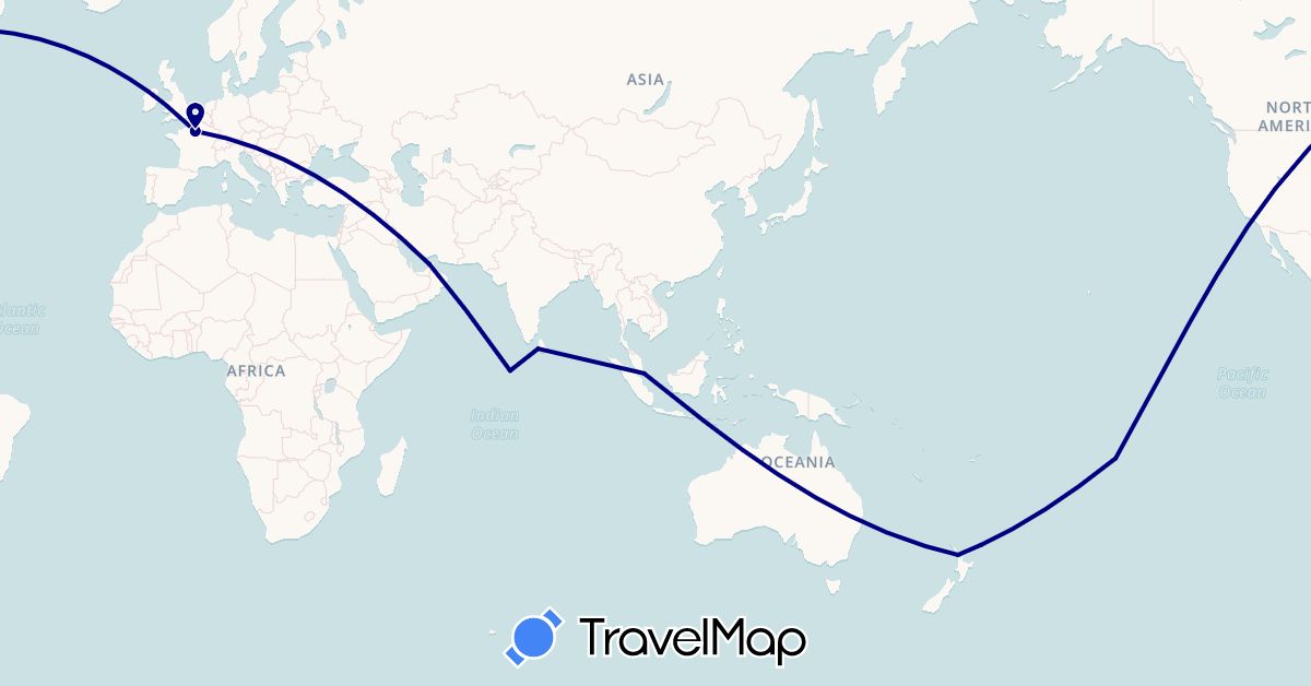 TravelMap itinerary: driving in United Arab Emirates, France, Sri Lanka, Maldives, New Zealand, French Polynesia, Singapore (Asia, Europe, Oceania)